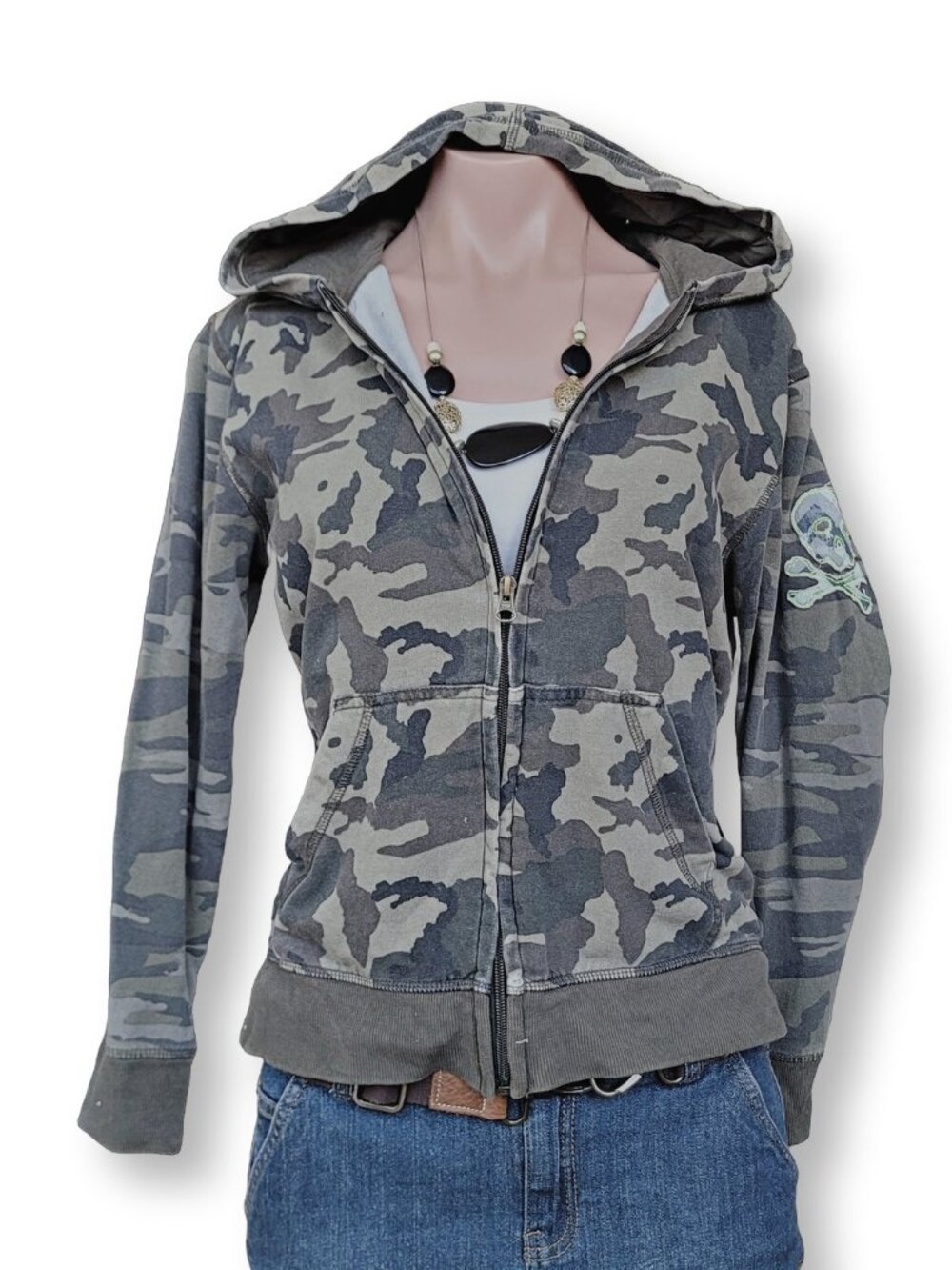 Joe Fresh Kids Goth Vintage Camo Skull Embroidered Zip Up Hoodie (size XL)